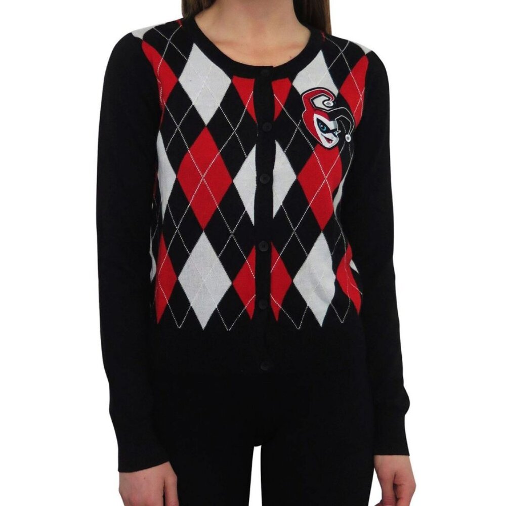 DC Comics Women's Black Red Harley Quinn Argyle Cardigan Sweater Size XL